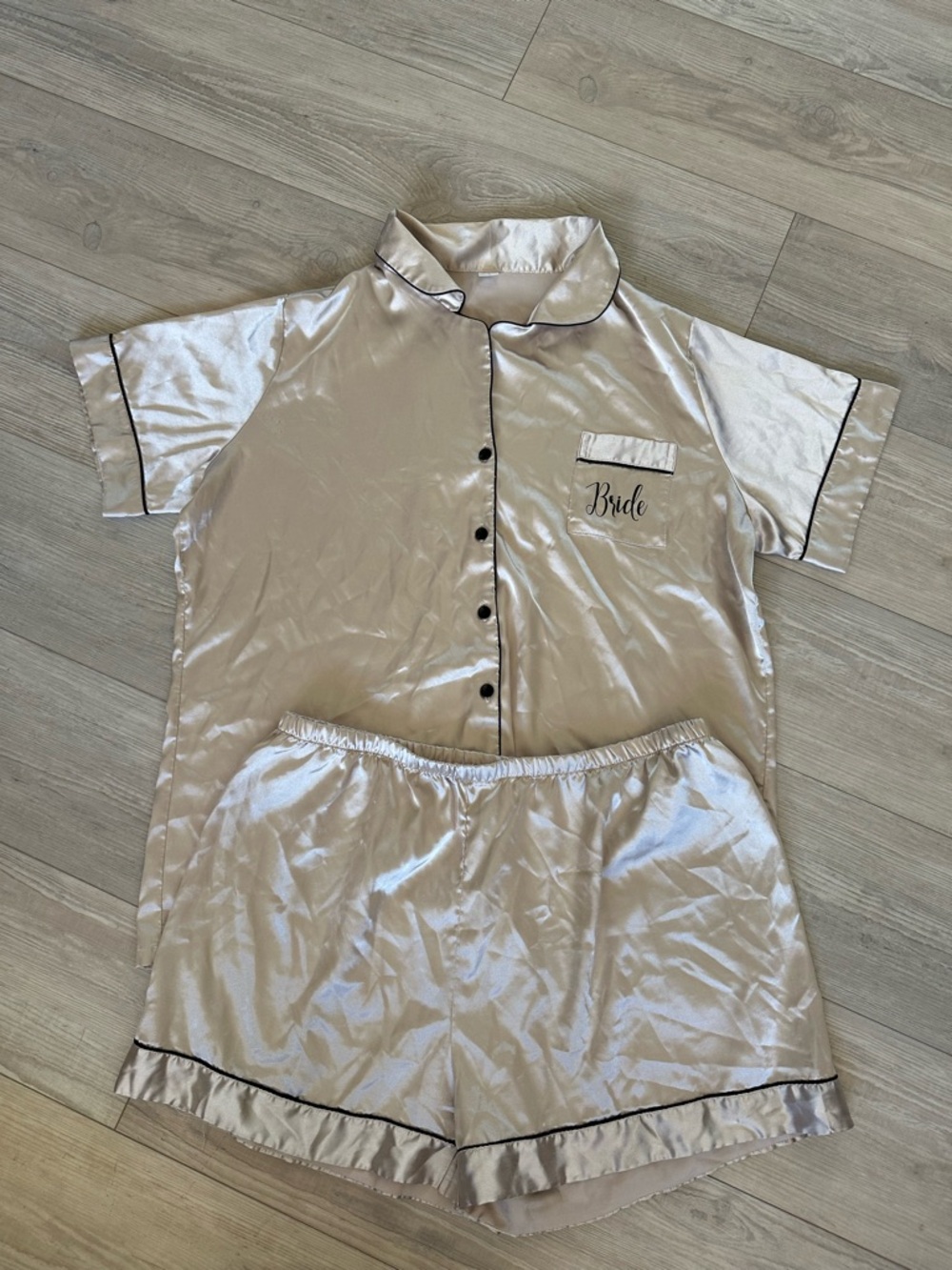 Silky 'Bride' Short Pajama Set in Champagne with Black Trim